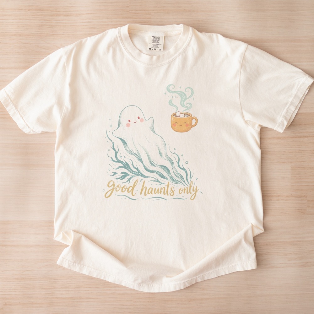 Good Haunts Only Kawaii Ghost and Coffee Mug Tee